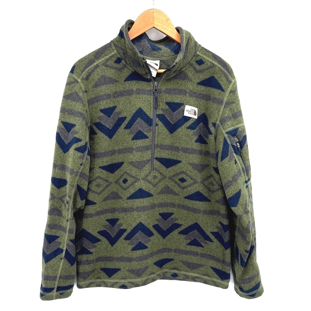 The North Face Mens Fleece Pullover Lg Green Aztec Southwestern 1/4 Zip Jacket